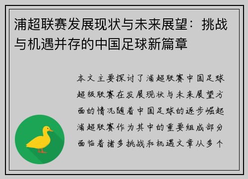 浦超联赛发展现状与未来展望：挑战与机遇并存的中国足球新篇章