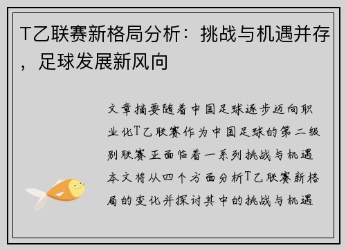 T乙联赛新格局分析：挑战与机遇并存，足球发展新风向