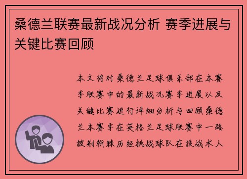 桑德兰联赛最新战况分析 赛季进展与关键比赛回顾