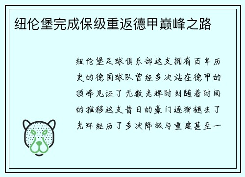 纽伦堡完成保级重返德甲巅峰之路