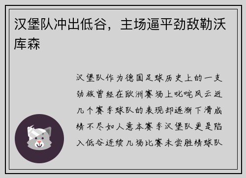 汉堡队冲出低谷，主场逼平劲敌勒沃库森