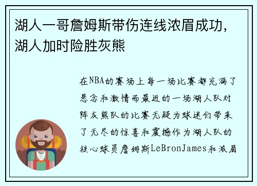 湖人一哥詹姆斯带伤连线浓眉成功，湖人加时险胜灰熊